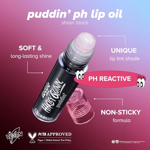 Lottie London x Harley Quinn Puddin’ pH Color Changing Lip Oil in Black, Nourishing lip oil to adapt to the natural pH in your lips for a unique flush of color