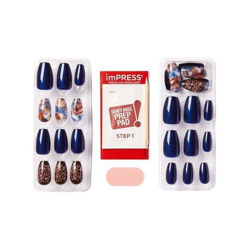 KISS imPRESS Press-On Nails, Medium Length, ‘Indigo Autumn’, 30 Count