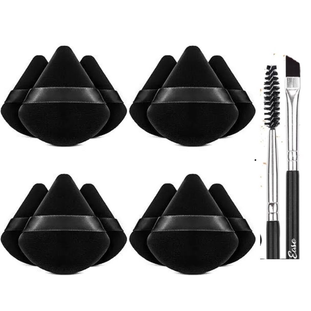 Triangle Powder Puff, 12 Black Makeup Puffs, Makeup Powder Puffs for face powder, Setting Powder Puff for Loose Powder and Cosmetic Foundation, Eyelash brush & Eyebrow brush as Add-on