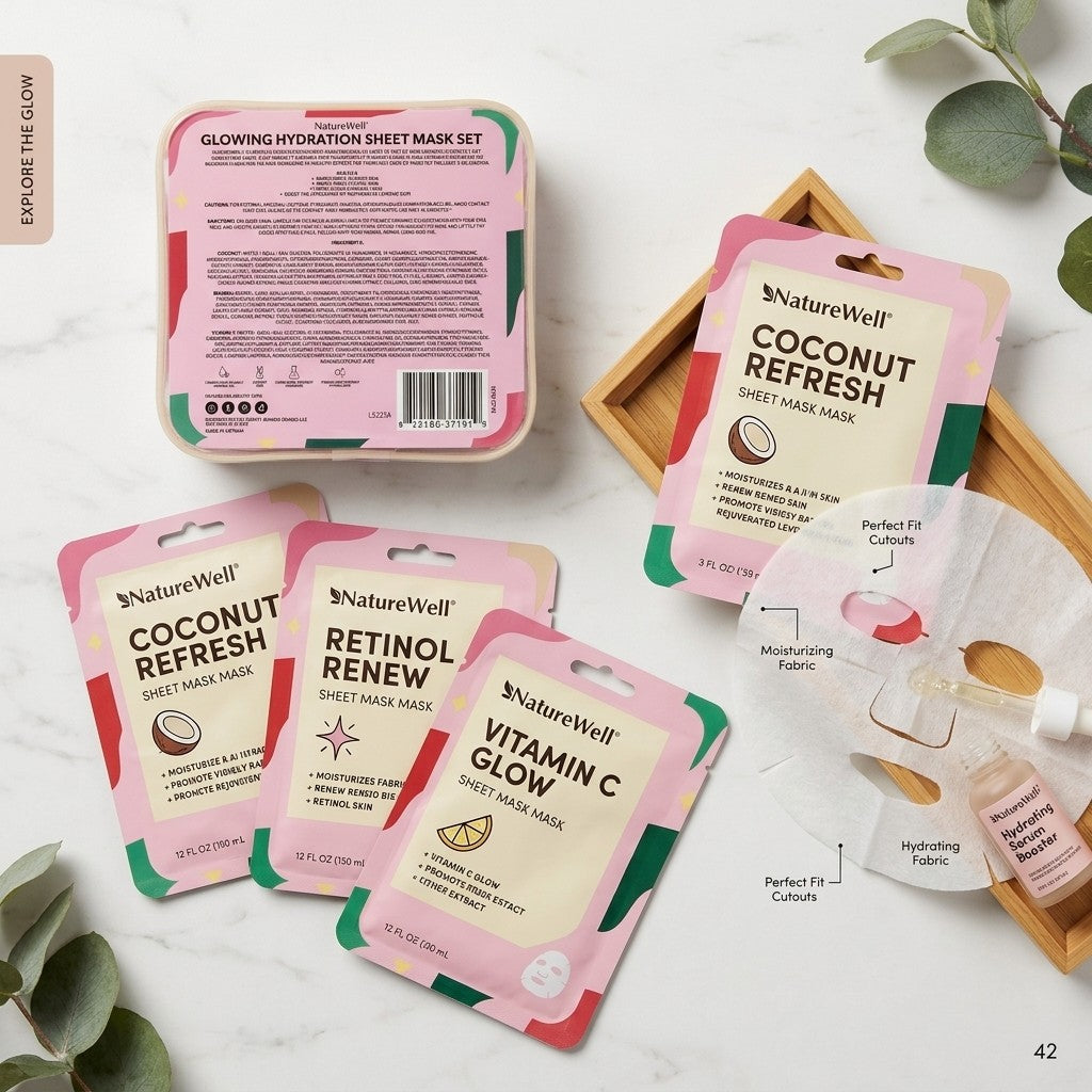 NatureWell Glowing Hydration Sheet Mask Set 8ct Retinol Coconut Vitamin C & Band
