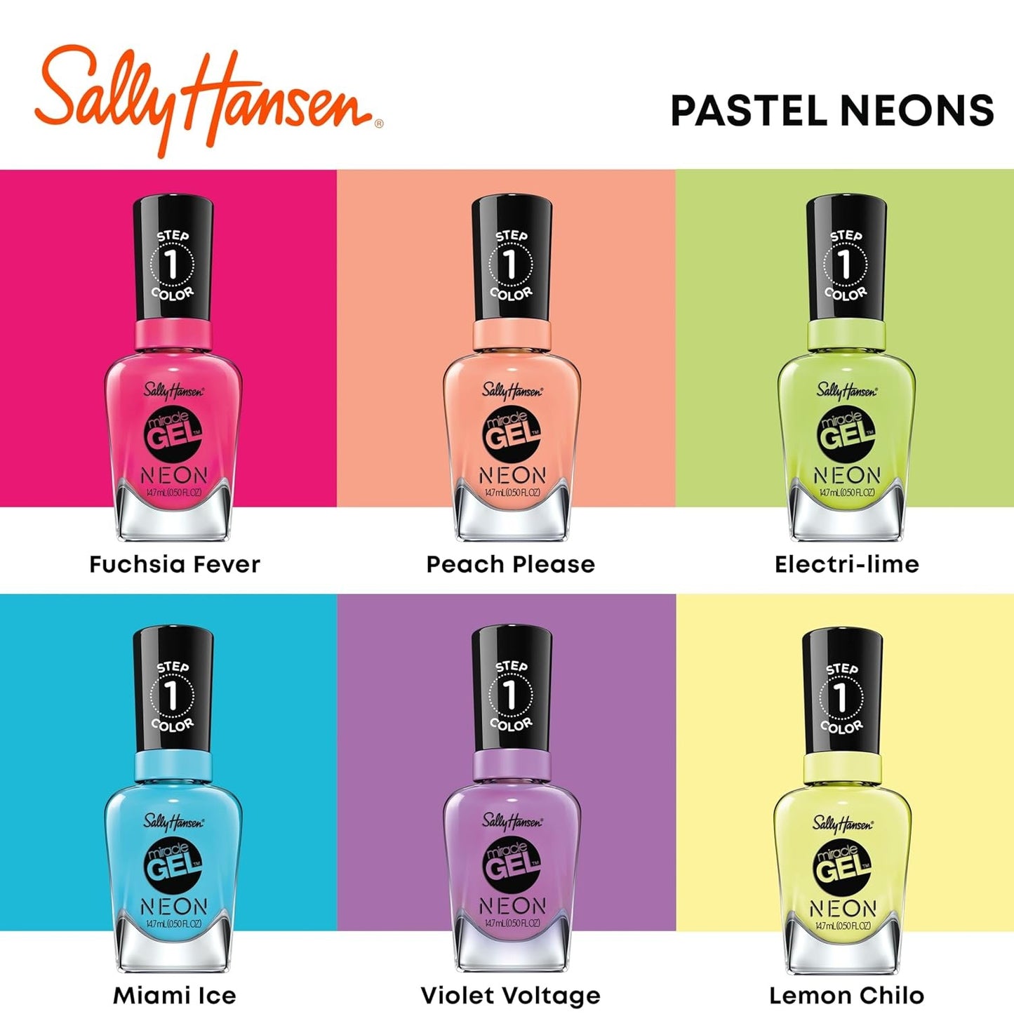Sally Hansen Miracle Gel Neons Salon Quality Nail Polish Gel Like Formula Two Step System No UV Light Needed Long Lasting Opaque 52 Electri lime Neon Green Nail Polish