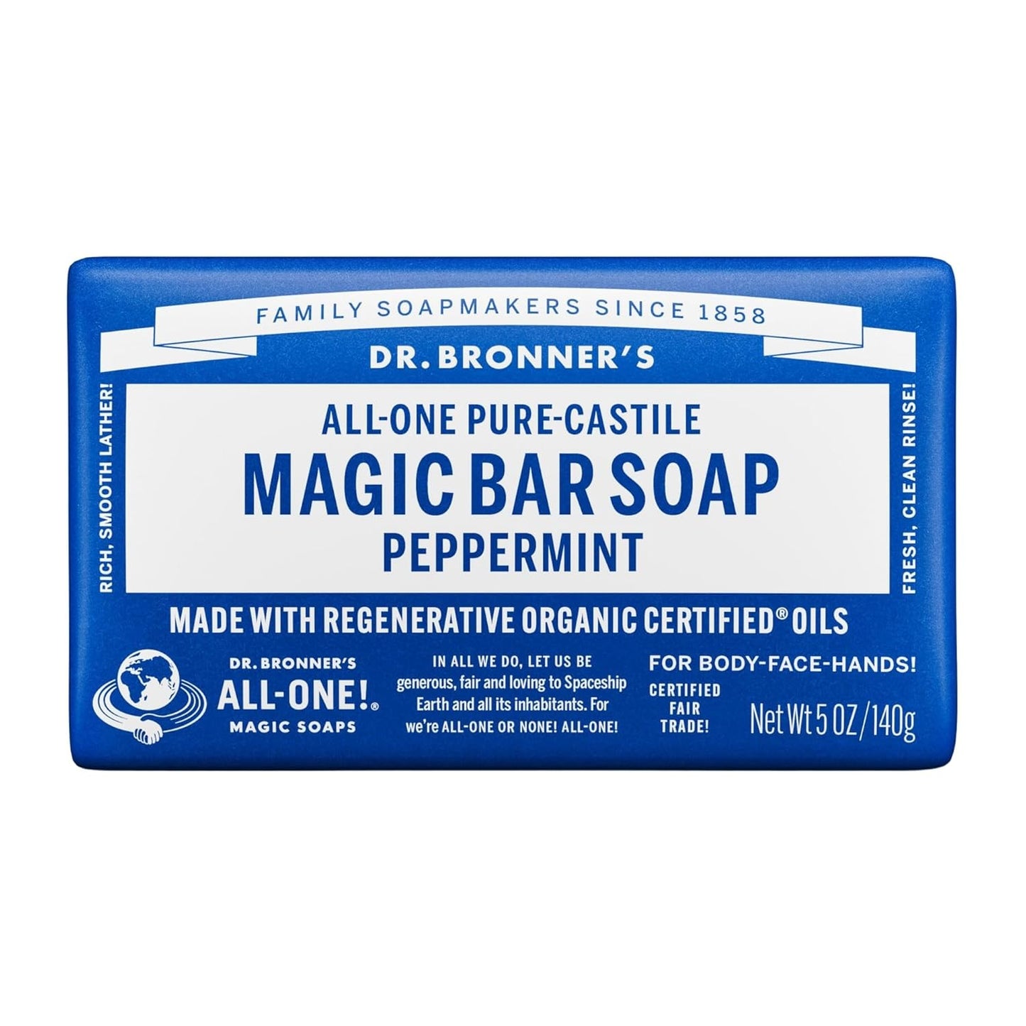 Dr. Bronner's Pure-Castile Bar Soap, Peppermint, 5 oz, 2-Pack for Men & Women