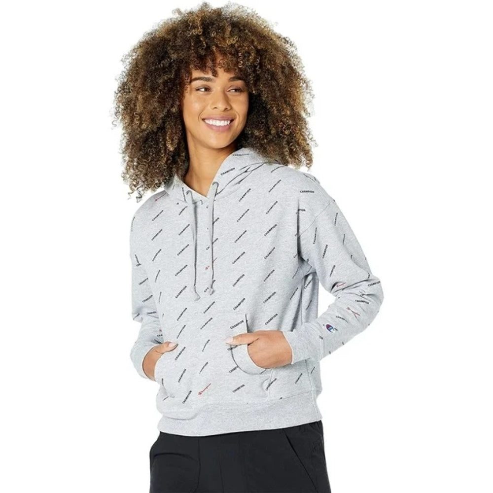 Champion Women's Powerblend Oversized Hoodie-Print, Legend Oxford Grey, MEDIUM