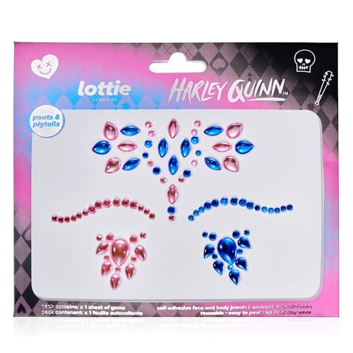 Lottie London x Harley Quinn Face & Body Gems in Pouts & Pigtails, Easy-to-use self-Adhesive face and Body gems for a Pink and Blue, Bejewelled Finish