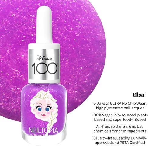 Nailtopia Bio-Sourced Chip Free Nail Lacquer Disney Collection Elsa - Superfood-Infused Polish - Chip Resistant Formula - Quick-Dry, Long Lasting Wear - Pink-Purple Glitter - 0.169 oz