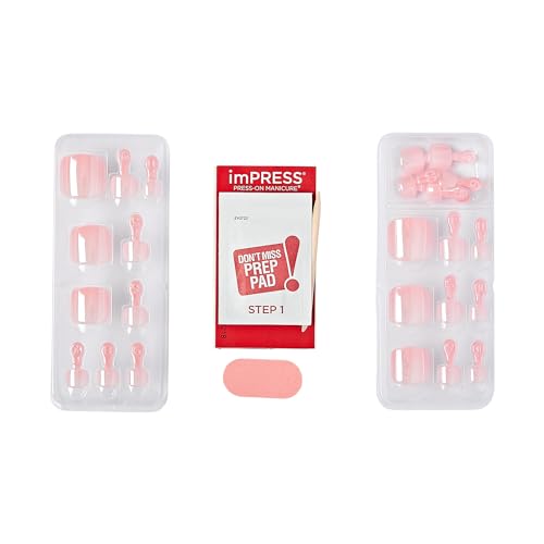 KISS imPRESS No Glue Pedi Press-On Toenails, Light Pink Nails with Pearl, Squoval Shape, Includes 24 Nails, Prep Pad, 1 Manicure Stick, 1 Mini File