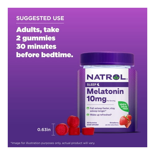 Natrol Melatonin Sleep Aid Gummies, Fall Asleep Faster, Strawberry, 10mg, 60 Count