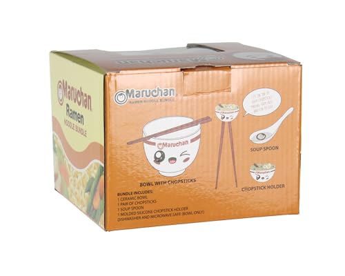 Maruchan Ramen Kawaii Face Instant Lunch 4 Piece Noodle Ramen Bowl Set w Bowl, Spoon, Chopsticks, and Chopstick Holder