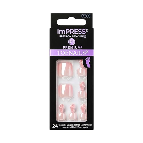 KISS imPRESS No Glue Pedi Press-On Toenails, Light Pink Nails with Pearl, Squoval Shape, Includes 24 Nails, Prep Pad, 1 Manicure Stick, 1 Mini File