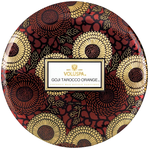 Voluspa Goji Tarocco Orange Candle | Mini Tin | 4 Oz. | 25 Hour Burn Time | Vegan | Coconut Wax and Natural Wicks for a Cleaner Burn