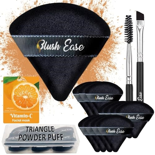 Triangle Powder Puff, 12 Black Makeup Puffs, Makeup Powder Puffs for face powder, Setting Powder Puff for Loose Powder and Cosmetic Foundation, Eyelash brush & Eyebrow brush as Add-on