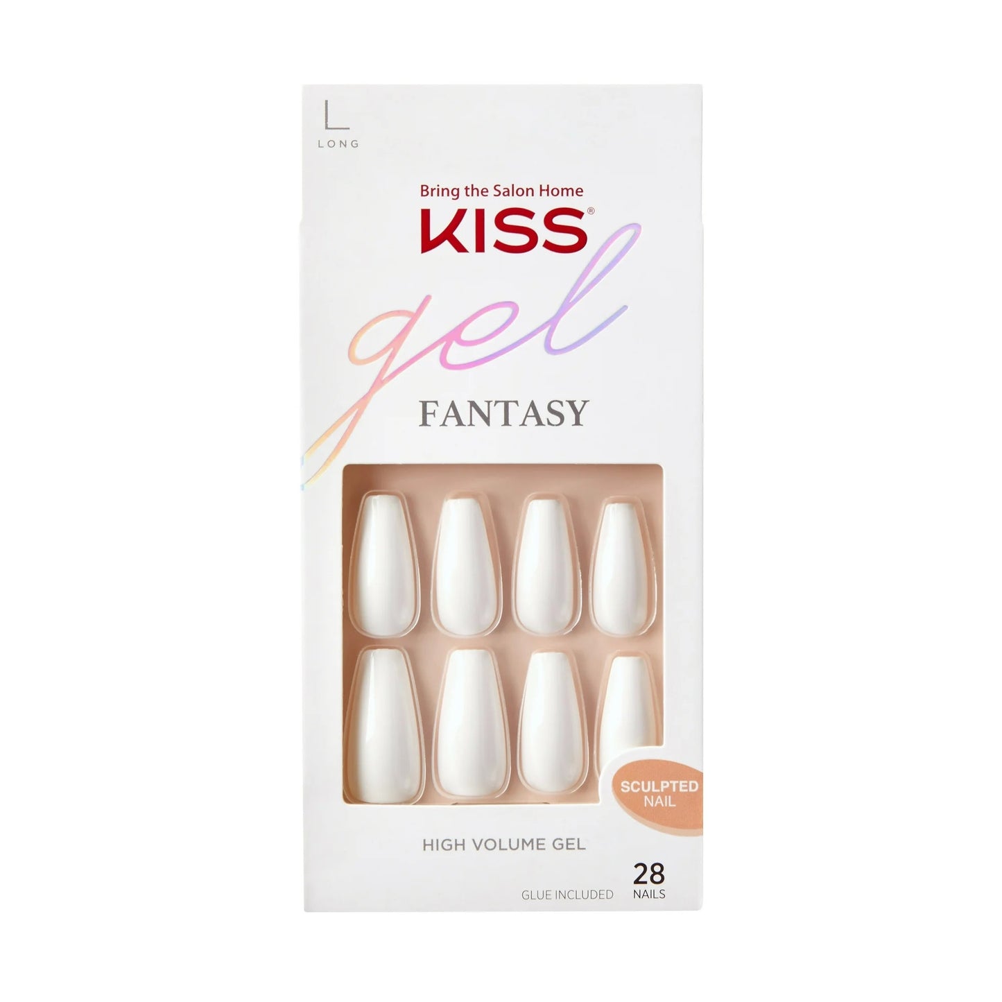 KISS Gel Fantasy Press On Nails, Nail glue included, 'True Color', White, Long Size, Coffin Shape, Includes 28 Nails, 2g glue, 1 Manicure Stick, 1 Mini File