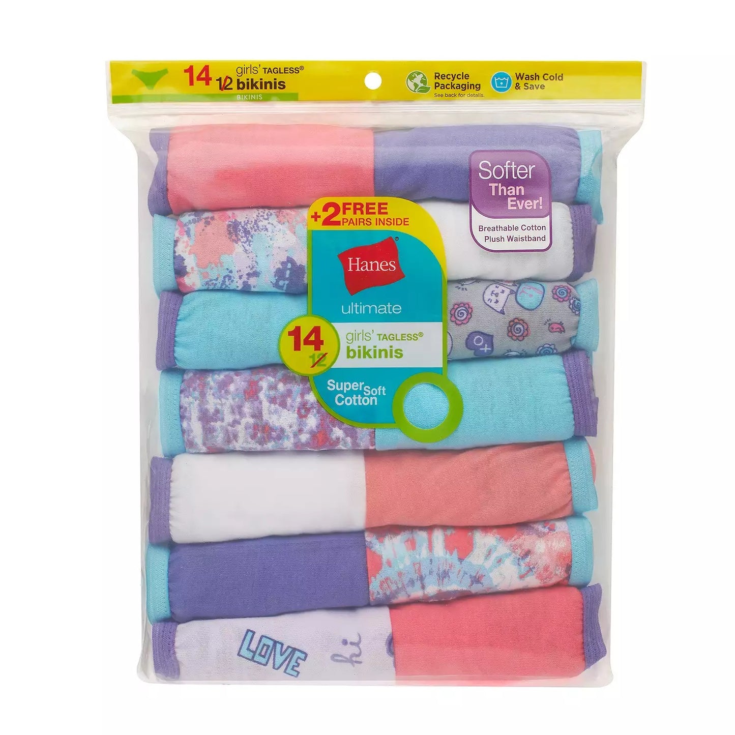 Hanes Girls' Tagless Super Soft Cotton Bikinis, 14 pack, Size 10