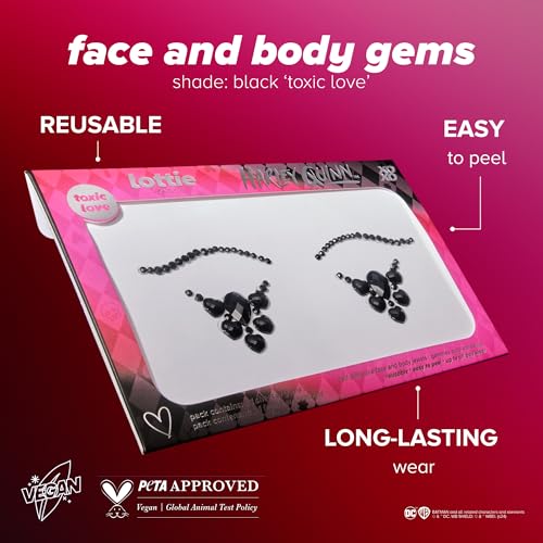 Lottie London x Harley Quinn Face & Body Gems in Toxic Love, Easy-to-use self-adhesive face and body gems for a black, bejewelled finish