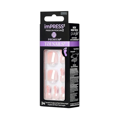 KISS imPRESS No Glue Pedi Press-On Toenails, Light Pink Nails with Pearl, Squoval Shape, Includes 24 Nails, Prep Pad, 1 Manicure Stick, 1 Mini File