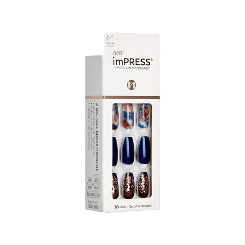 KISS imPRESS Press-On Nails, Medium Length, ‘Indigo Autumn’, 30 Count