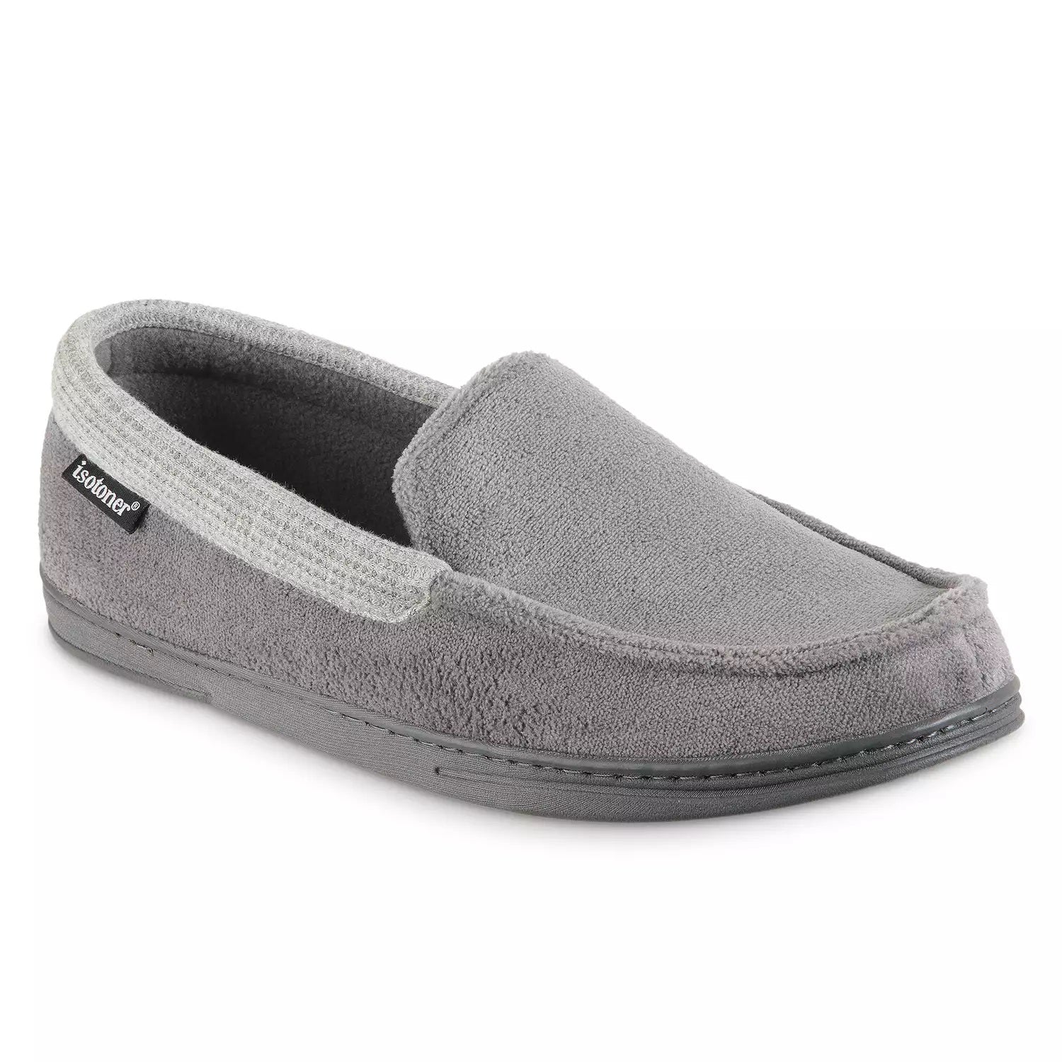 isotoner Men's Microterry and Waffle Travis Moccasin Slippers with Memory Foam Insole and Durable Rubber Outsole, Ash L 9.5-10.5