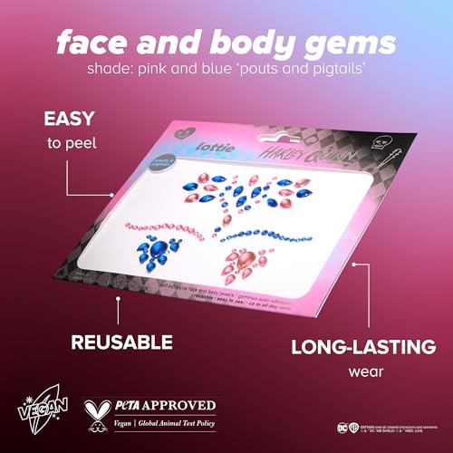 Lottie London x Harley Quinn Face & Body Gems in Pouts & Pigtails, Easy-to-use self-Adhesive face and Body gems for a Pink and Blue, Bejewelled Finish