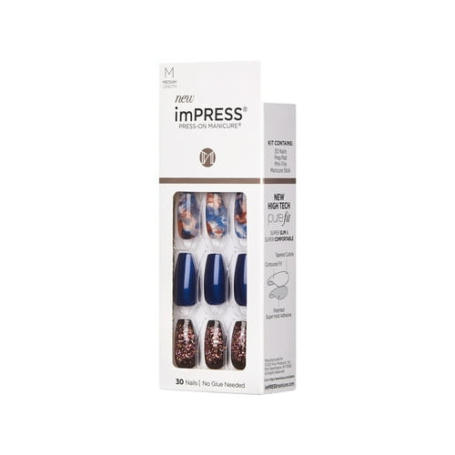 KISS imPRESS Press-On Nails, Medium Length, ‘Indigo Autumn’, 30 Count