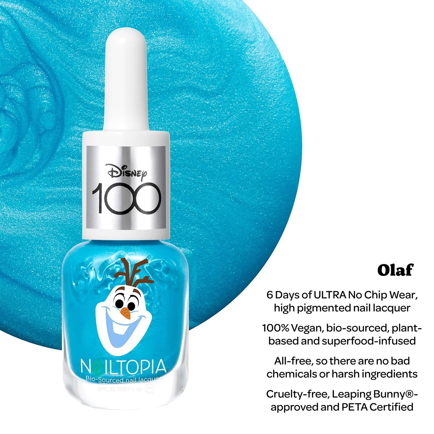 Nailtopia Bio-Nail Lacquer Disney Collection Olaf-Superfood-Infused Polish-Chip Resistant Formula-Quick-Dry, Long Lasting Wear-Light Blue Metallic-0.169 oz