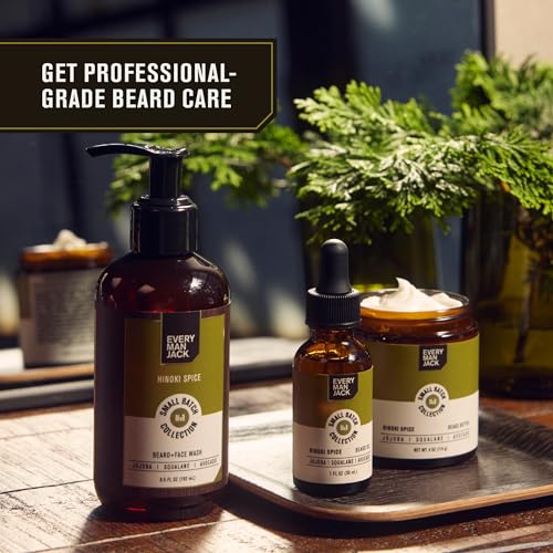 Every Man Jack Small Batch Beard Set - Hinoki Spice Fragrance - Perfect for Every Guy - Full-Sized Grooming Essentials - Beard + Face Wash, Hydrating Beard Oil and Beard Butter