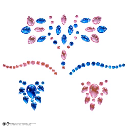 Lottie London x Harley Quinn Face & Body Gems in Pouts & Pigtails, Easy-to-use self-Adhesive face and Body gems for a Pink and Blue, Bejewelled Finish