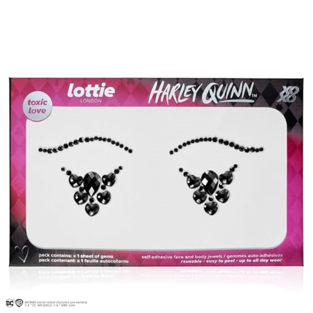 Lottie London x Harley Quinn Face & Body Gems in Toxic Love, Easy-to-use self-adhesive face and body gems for a black, bejewelled finish
