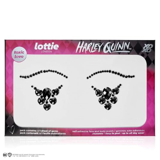 Lottie London x Harley Quinn Face & Body Gems in Toxic Love, Easy-to-use self-adhesive face and body gems for a black, bejewelled finish