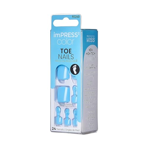 KISS imPRESS Color No Glue Pedi Press-On Toenails, Light Bule, Squoval Shape, Includes 24 Nails, Prep Pad, 1 Manicure Stick, 1 Mini File