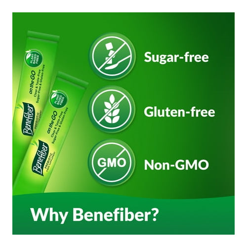Benefiber On The Go Prebiotic Fiber Powder for Digestive Health, Unflavored Powder Stick Packs - 36 Sticks (Pack of 2)