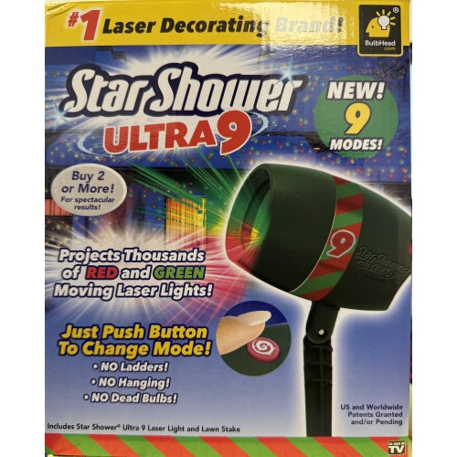 Star Shower Ultra 9 AS-SEEN-ON-TV with 9 Enhanced Modes for Spectacular Outdoor Holiday Laser Lighting with Thousands of Lights Covering 3200 Square feet, Green, 8.5 in