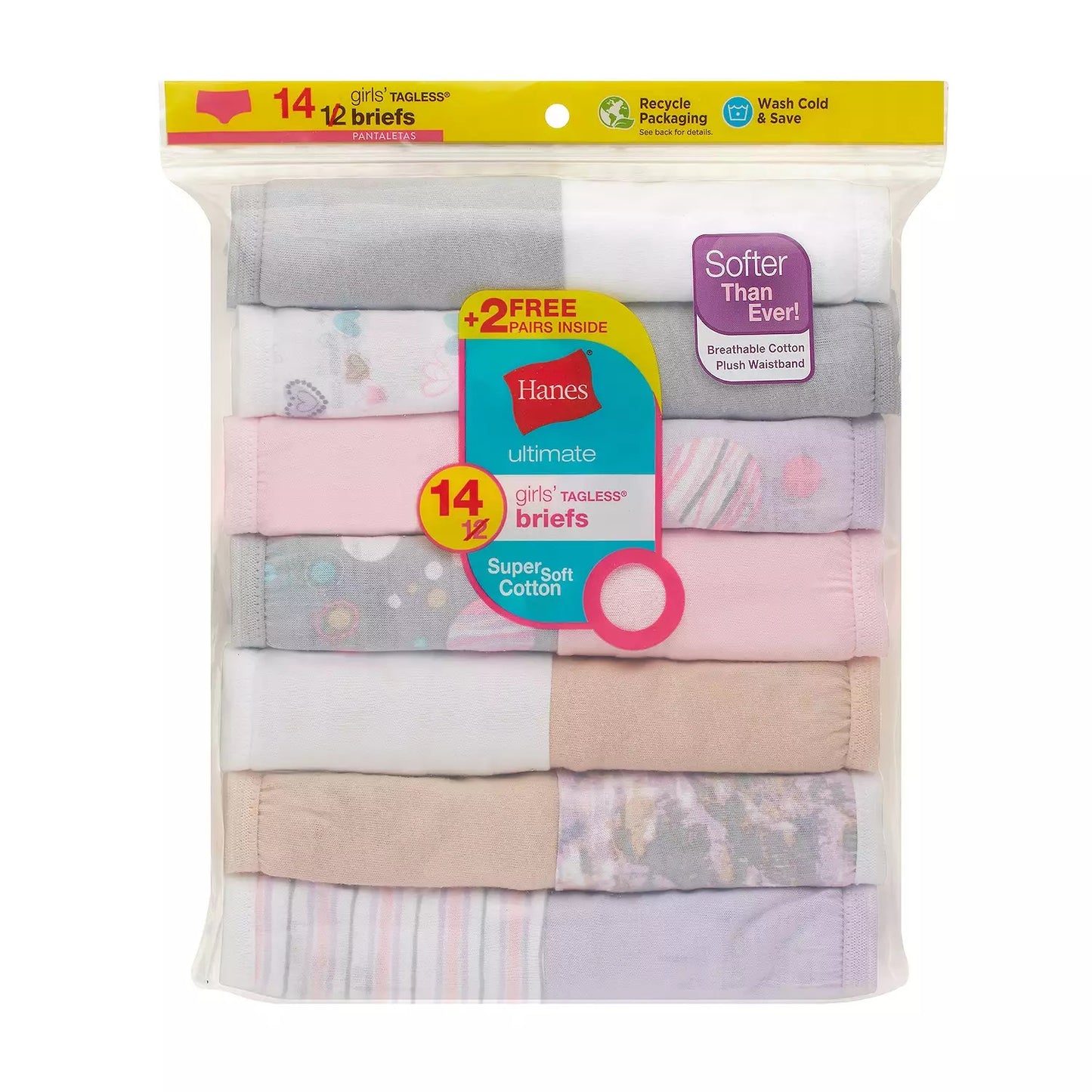 Hanes Girls' Tagless Super Soft Cotton Brief Underwear, 14 pack, Size 6, Light Colors