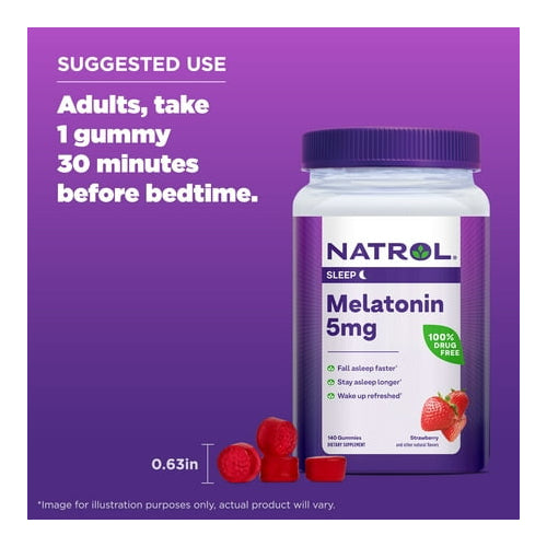 NatrolĀ® Melatonin Gummies, Sleep Support for Adults, Strawberry Flavor, 5mg, 140 Count