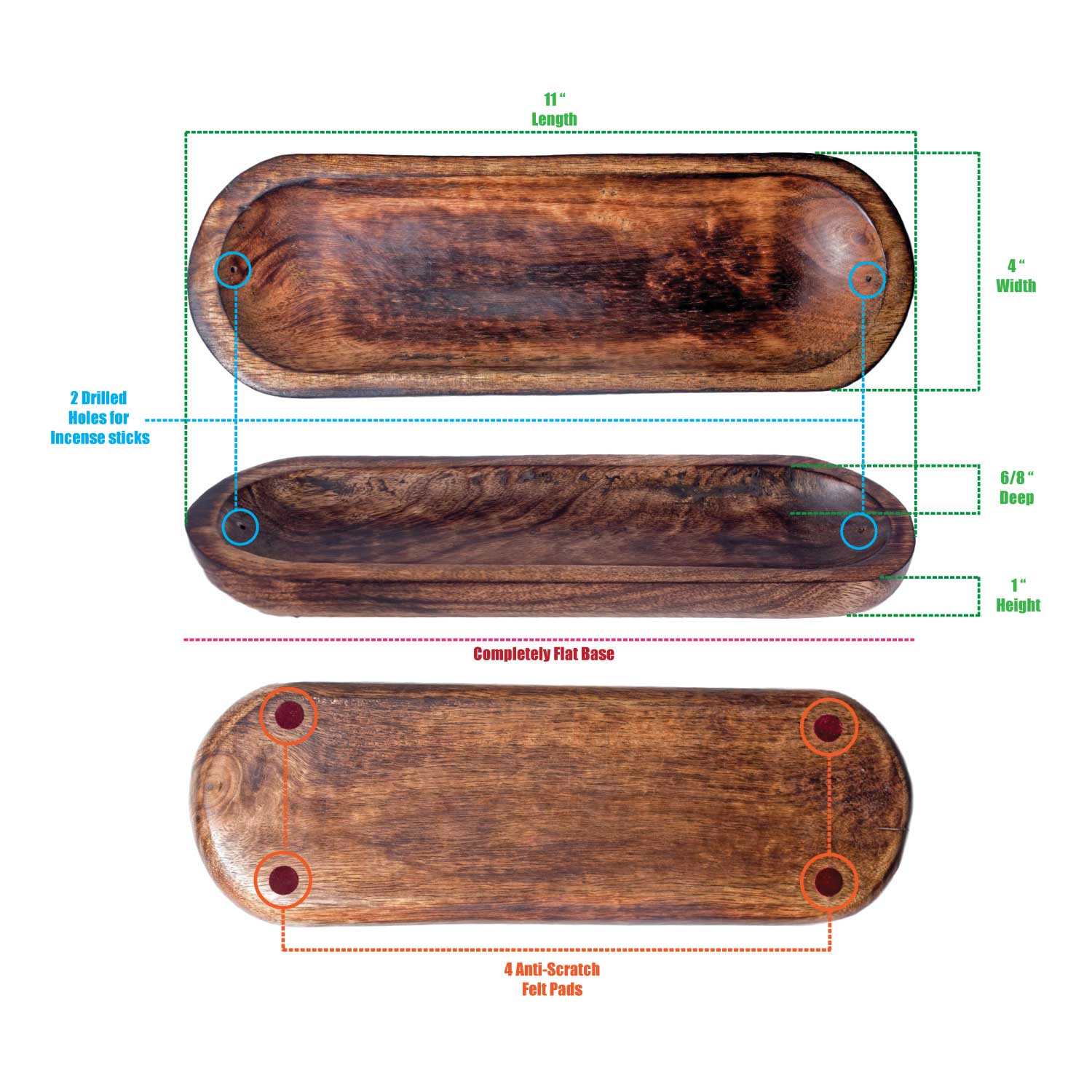 Kasa Style Wood Double Incense Sticks Holder Burner - Large Ash Catcher Handmade Home Decor