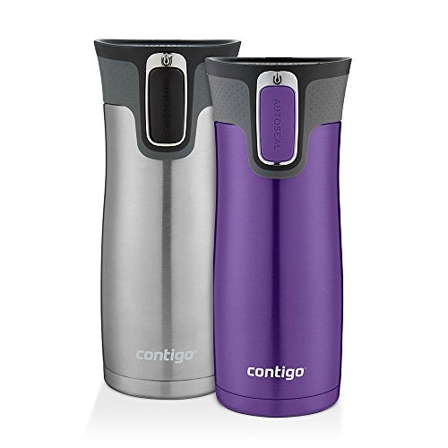 Contigo AUTOSEAL West Loop Vacuum-Insulated Stainless Steel Travel Mugs with Easy-Clean Lid, 16oz., Grapevine & Stainless Steel, 2 Pack