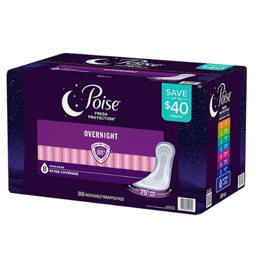 Poise Incontinence Pads & Postpartum Overnight Incontinence Pads, 8 Drop Extra Coverage, 88 Count