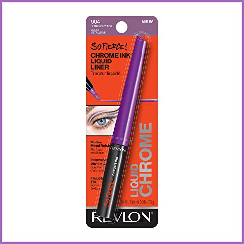 Revlon So Fierce! Chrome Ink Liquid Eyeliner, Longlasting Bold Metallic Pen Liner with Dip Ink Cap for Pearl, Shimmer Blend, 904 Ultraviolet Foil, 0.03 oz.