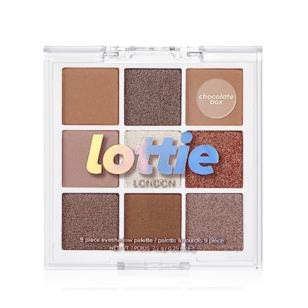 Lottie London Lottie Palette in Chocolate Box, 9 shade compact eyeshadow palette in golden brown tones and neutral shades in a mix of creamy mattes and sparkling shimmers