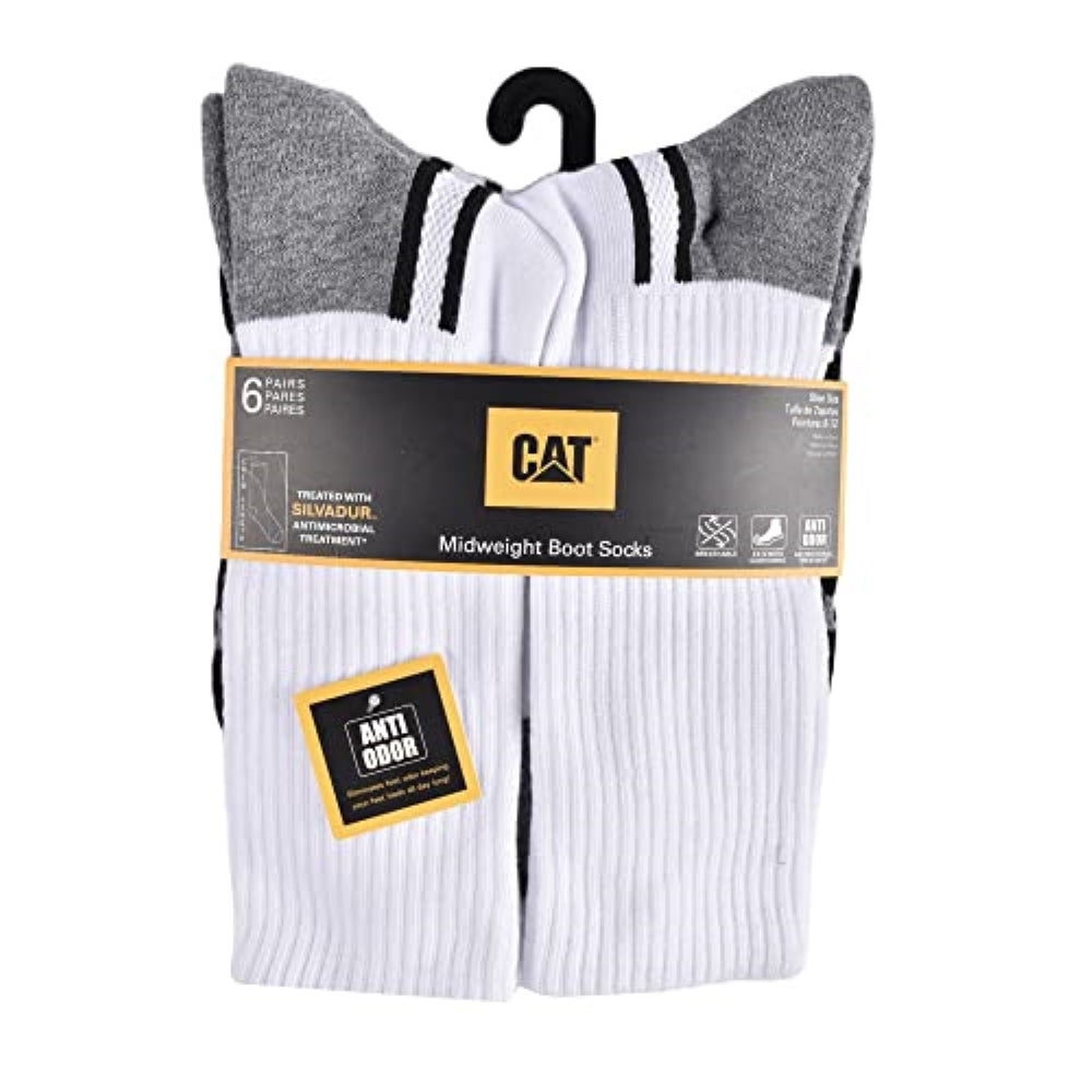 Caterpillar Men's 6-Pack Half Cushioned Crew Socks, White Logo, Large