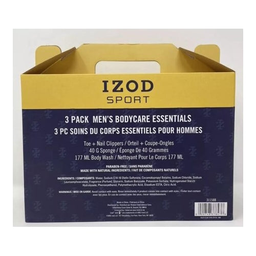 IZOD Sport 3 Pack Body Care, Toe & Nail Clippers, Body Wash and 40g Sponge