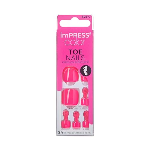 KISS imPRESS Color No Glue Pedi Press-On Toenails, Medium Pink, Squoval Shape, Includes 24 Nails, Prep Pad, 1 Manicure Stick, 1 Mini File