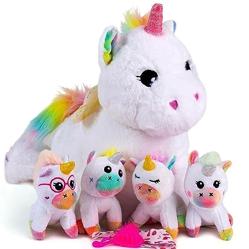 5 in 1 Unicorn Mommy Stuffed Animal with 4 Baby Unicorns in Her Tummy, Soft Unicorn Plush Toys Set, Christmas Birthday Gifts for Baby, Toddler, Kids Ages 3+