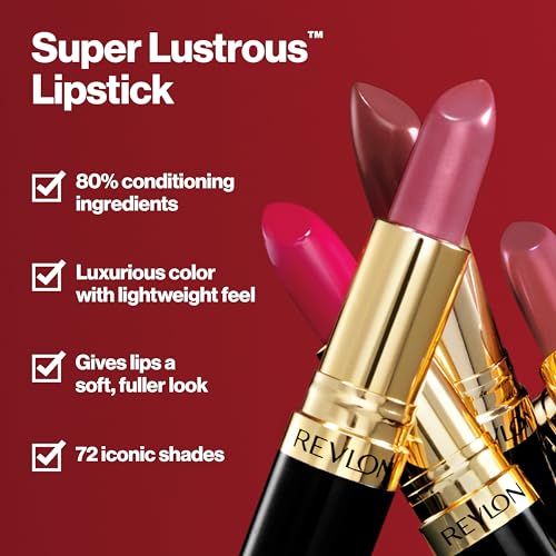 Revlon Lipstick, Super Lustrous Lipstick, Creamy Formula For Soft, Fuller-Looking Lips, Moisturized Feel in Berries, Bombshell Red (046) 0.15 oz