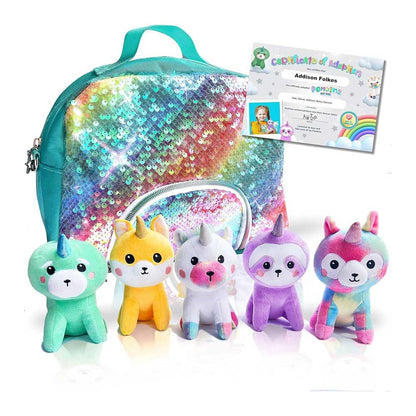 Pomkins Girls Gift Sequins Bag with 5 Plush Stuffed Unicorns and PDF Gift Certificate - Ages 3+