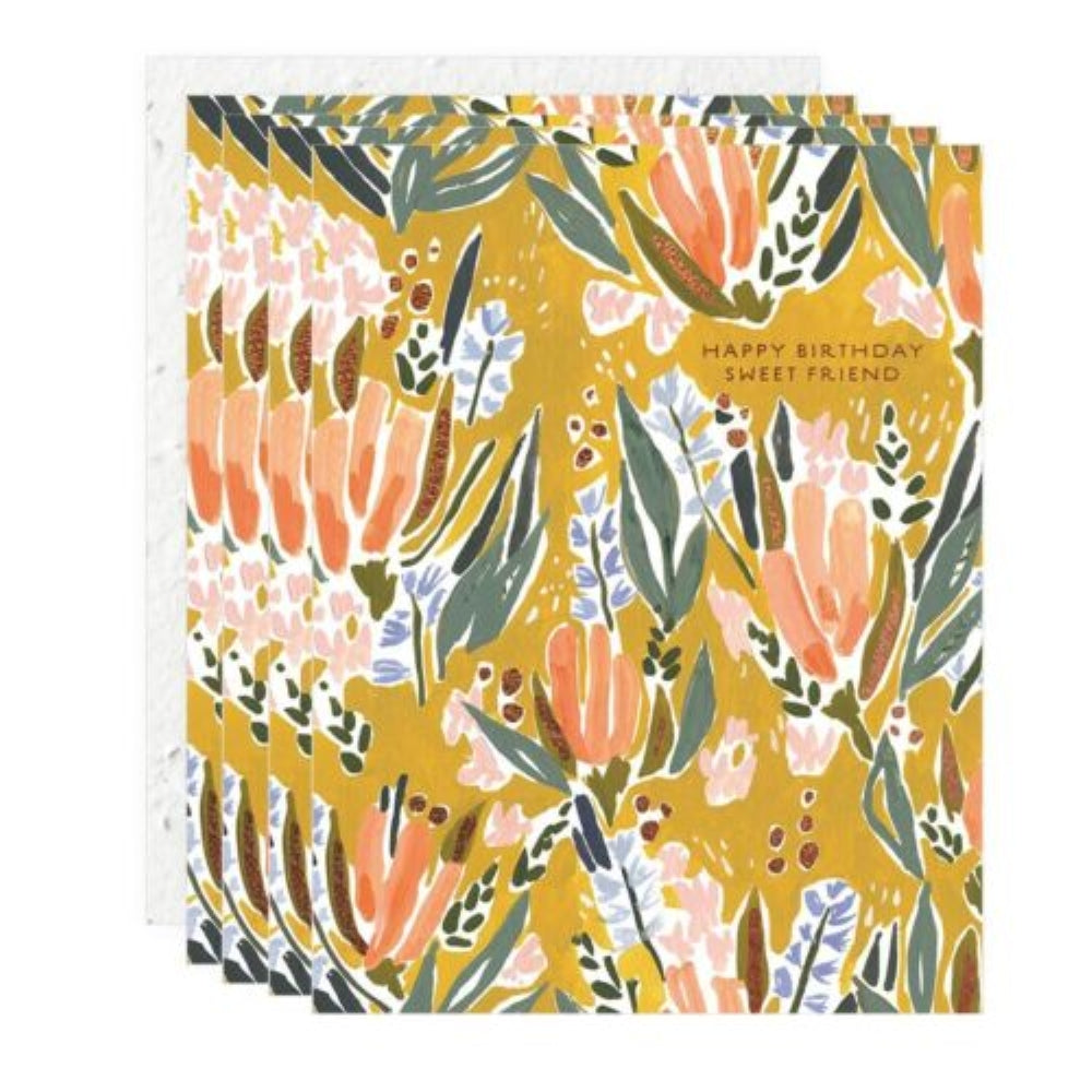 Legacy Sweet Friend Floral Yellow 5.5 x 4.25 Paper Birthday Greeting Seeds Cards Pack of 4