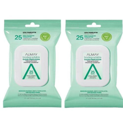 Almay Biodegradable Clear Complexion Makeup Remover Cleansing Towelettes, 25 wipes (2 Pack)