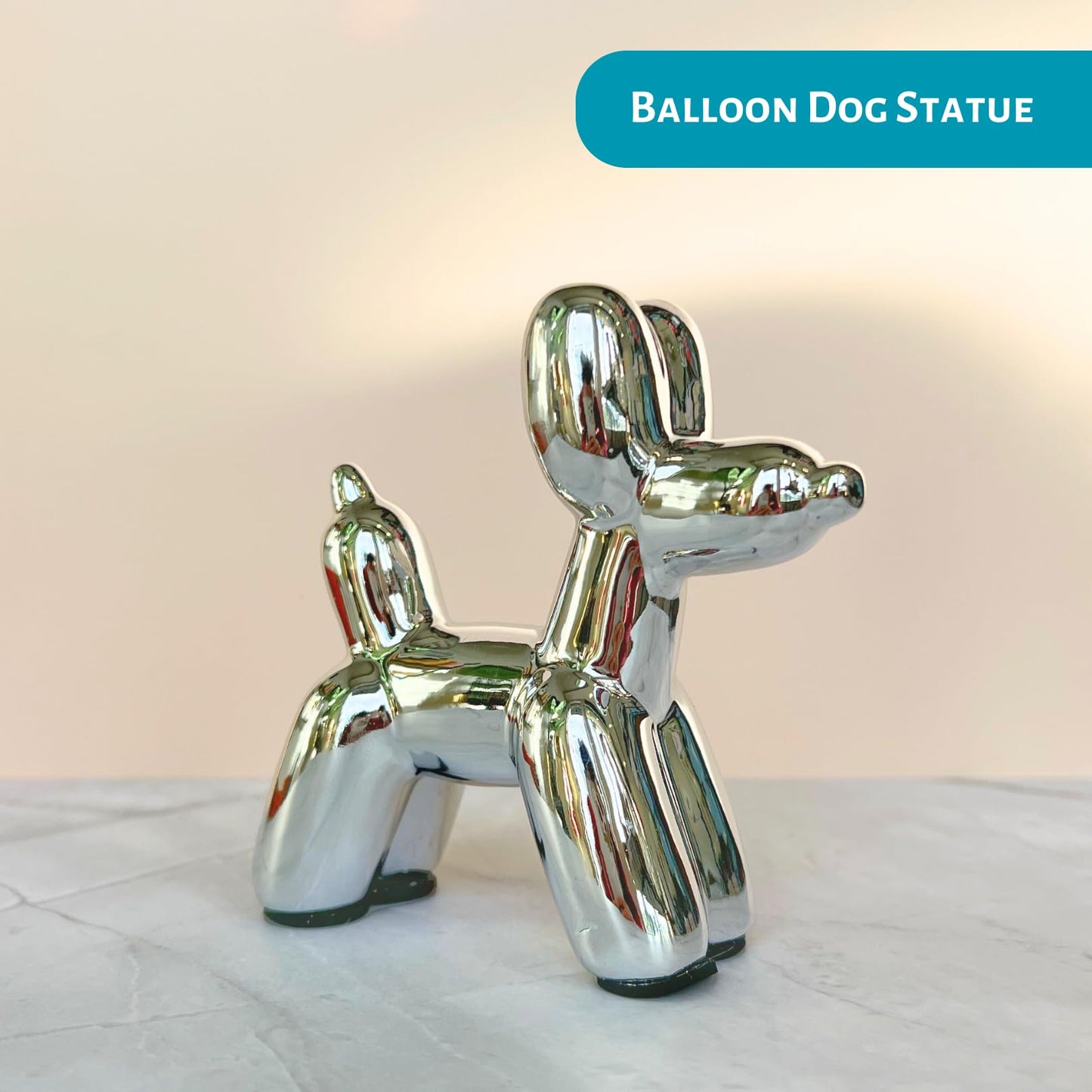 Kasa Style Balloon Dog Sculpture Silver, Aesthetic Decorative Dog Statue, Fun, Small Balloon Dog Figurine for Coffee Table, Bookshelf, Preppy Room Decor Silver 4x4