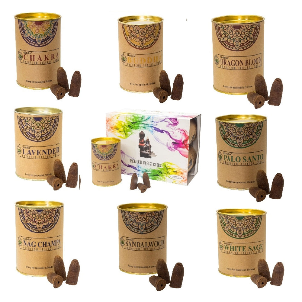 Goloka Backflow Incense Cones Sandalwood Nag Champa Palo Santo White Sage Buddha