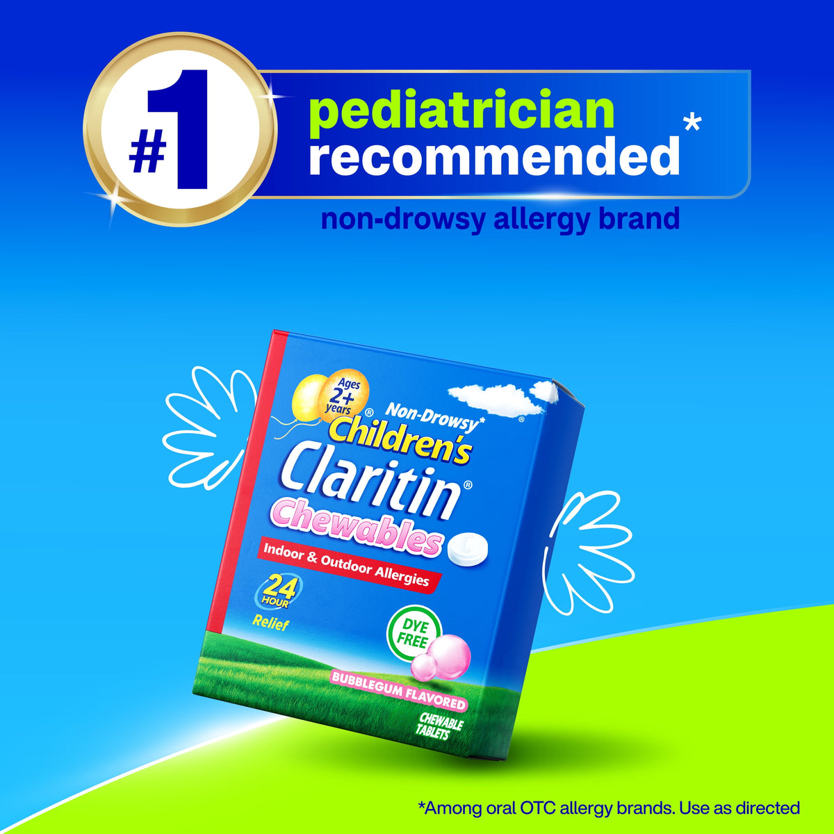 Children's Claritin 24 Hour Non-Drowsy Allergy Relief, Loratadine Antihistamine Bubblegum Chewable Tablets, Dye-free, 30 Count