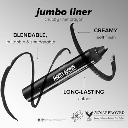 Lottie London x Harley Quinn Jumbo Eyeliner, Buttery Black jumbo eyeliner pencil with a rich pigment and color pay off for an effortless smokey eye look